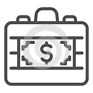 Cash briefcase line icon. Suitcase with dollar banknote symbol, outline style pictogram on white background. Money