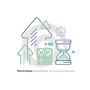 Cash bundle and sand glass, time is money concept, financial investment line icons