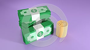 Cash Bundles and coins stack on purple background. money-saving, cashless society concept. 3d render illustration