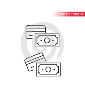 Cash and card payment line vector icon. Dolar banknote and credit card. photo