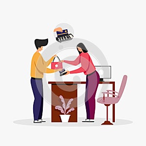 Cash Counter Customer Support Service illustration concept, a boy buy a bag from shop and paying moony from credit card