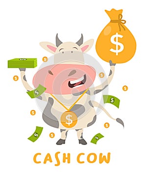 cash cow concept cow character standing happy hold money bag white isolated background with cartoon flat style