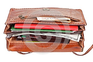 Cash, credit cards, documents in female handbag