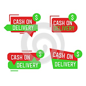 Cash on delivery badge collection on red and green colors. Set badg cash on delivery shipping service payment. Express courier