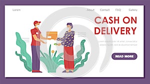 Cash on delivery banner with delivery man handing parcel, vector illustration.
