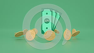 Cash dollar bills and floating coins around on green background. money-saving, cashless society concept.
