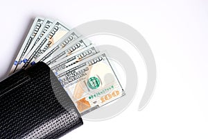 Cash of dollar note, dollar background. Lot of one hundred dollar bills close-up. dollars in wallet on white background