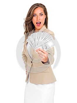 Cash, fan and portrait of woman with surprise for money on studio, white background and mockup. Professional, person and