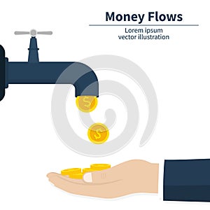 Cash flow concept. Gold coins fall. Catch money hand. Achievement success. Finance faucet. Vector illustration.