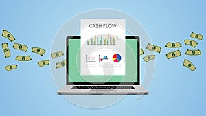 Cash flow illustration with laptop money and graph chart