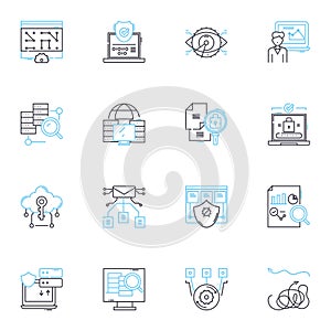 Cash flow management linear icons set. Budgeting, Forecasting, Analysis, Optimization, Monitoring, Planning, Tolerance