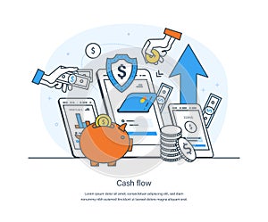 Cash flow, movement of cash and cashless money equivalents in and out of business