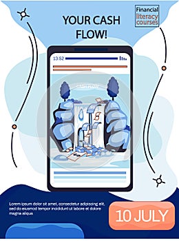 Cash flow, stable income website, smartphone app. Poster with idea of income growth and development
