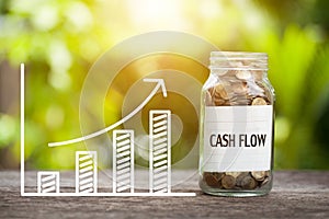 Cash Flow Word With Coin In Glass Jar and graph up. Financial Co