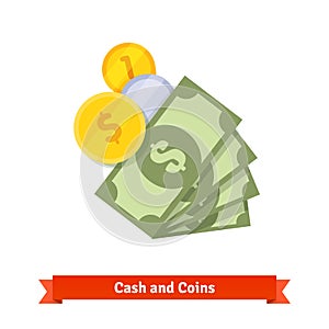 Cash, green dollars, gold and silver coins