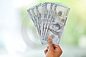 Cash in hand, dollars and money fan with finance, reward and prize with giveaway bonus and financial freedom. Bills