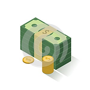 Cash icon. Stack of dollars and coins. on white. Element for your design.