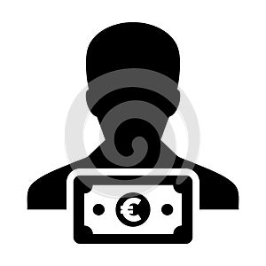 Cash icon vector male user person profile avatar with Euro sign currency money symbol for banking and finance business