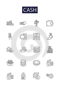 Cash line vector icons and signs. Currency, Capital, Funds, Payment, Cashiers, Coins, NOTE, Bills outline vector