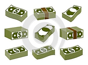 Cash money dollar banknote stack vector simplistic illustration set icon or logo collection, business and finance theme, income