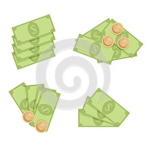Cash money dollar, fan stack and pile with coins