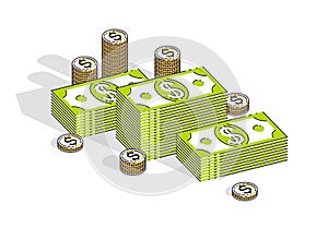 Cash money dollar stacks and coins cents piles isolated on white background. Vector 3d isometric business and finance illustration