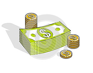 Cash money dollar stacks and coins cents piles isolated on white background. Vector 3d isometric business and finance illustration