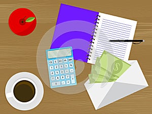 Cash money in envelope on table. Pay day concept vector