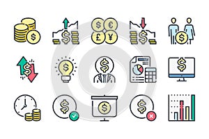 Cash and Money related color line icon set.