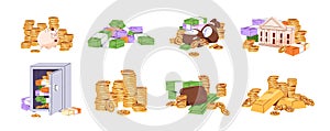 Cash money set. Pile of golden coins, piggy bank, wads in safe. Stack of dollar bills, greenback banknotes. Financial