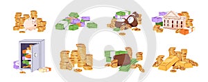 Cash money set. Pile of golden coins, piggy bank, wads in safe. Stack of dollar bills, greenback banknotes. Financial photo