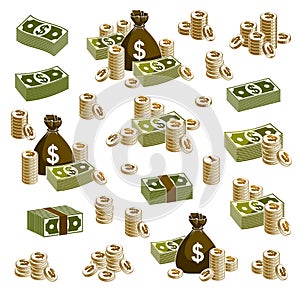 Cash money set still-life with moneybag bag coins and banknote dollar stack.