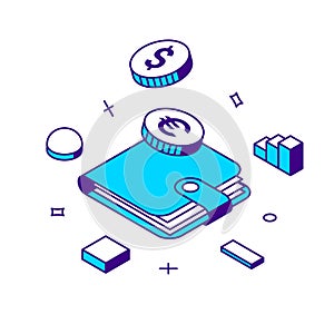 Cash payment analyzing diagram with wallet and metallic currency coins 3d icon isometric vector