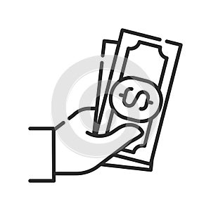 Cash payment black line icon. Hand holds money. Pictogram for web page, mobile app, promo. UI UX GUI design element. Editable