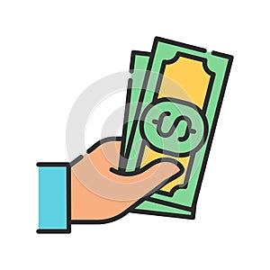 Cash payment color line icon. Hand holds money. Pictogram for web page, mobile app, promo. UI UX GUI design element. Editable