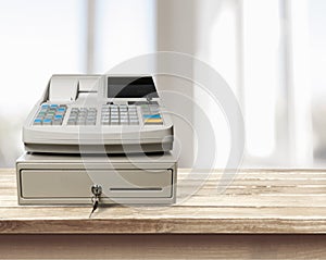 Cash register with LCD display on background