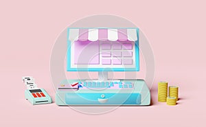 Cash register machine with pos terminal, electronic bill payment, invoce or paper check receipt isolated on pink background ,3d