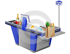 Cash register terminal and foodstuffs photo