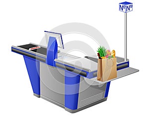 Cash register terminal and shopping bag with foods