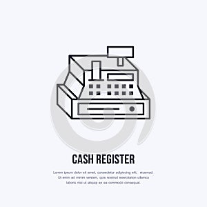 Cash register vector flat line icons. Retail store supplies, trade shop equipment sign. Commercial object thin linear