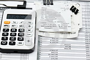Cash registers purchase receipt, calculator and financial reports, analysis and accounting, various office items for bookkeeping