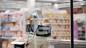 Cash registers in a supermarket. No people. Cash Register Displays Included