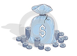 Cash riches and Savings, Money Bag with coin cent stacks isolate