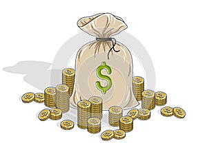 Cash riches and Savings, Money Bag with coin cent stacks isolated on white background. Isometric vector business and finance