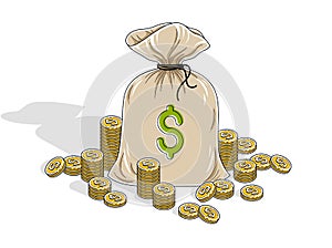 Cash riches and Savings, Money Bag with coin cent stacks isolated on white background. Isometric vector business and finance