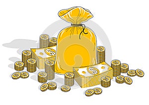 Cash riches and wealth, Money Bag with banknotes stacks and coin