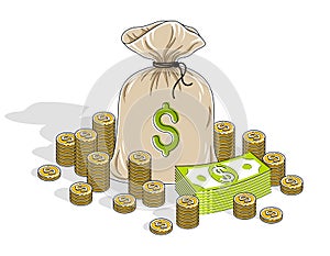 Cash riches and wealth, Money Bag with dollar stacks and coins c photo