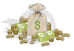 Cash riches and wealth, Money Bag with dollar stacks and coins cents piles isolated on white background. Isometric vector business