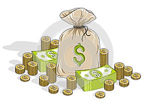 Cash riches and wealth, Money Bag with dollar stacks and coins cents piles isolated on white background. Isometric vector business