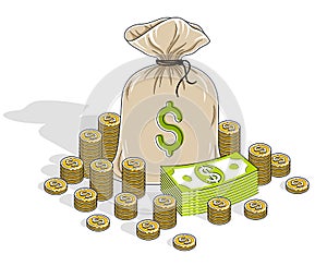 Cash riches and wealth, Money Bag with dollar stacks and coins cents piles isolated on white background. Isometric vector business